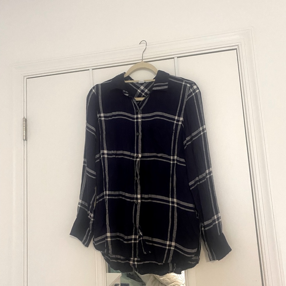 Navy blue and white plaid shirt